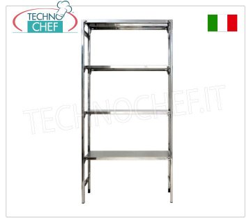 TECHNOCHEF - Stainless steel shelf, module with 4 smooth shelves, 30 cm DEEP, 200 cm HEIGHT. Polished 304 stainless steel shelving with 4 smooth shelves, overall capacity 4x100 kg, hook mounting, 60x30x200h cm module