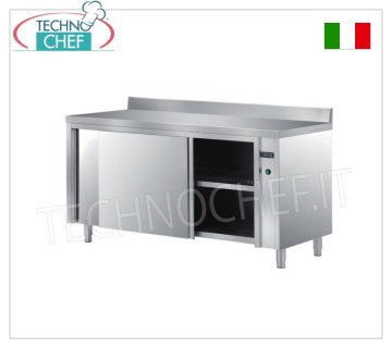 TECHNOCHEF - 304 stainless steel warm wardrobe table, with sliding doors and splashback, 60 cm deep Caldo stainless steel 304 cabinet table, electric ventilated with upstand, 2 honeycomb sliding doors and adjustable intermediate shelf, digital thermostat, V 230/1, Kw 2.5, dimensions 1200x600x850h mm