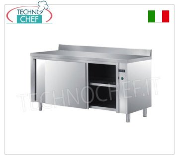TECHNOCHEF - AISI 304 stainless steel warm cabinet table with upstand, Sliding doors, Deep cm. 70 Heated ventilated wardrobe table with splashback, 2 honeycomb sliding doors and adjustable intermediate shelf, digital thermostat, V 230/1, Kw 2.5, dimensions mm 1000x700x850h