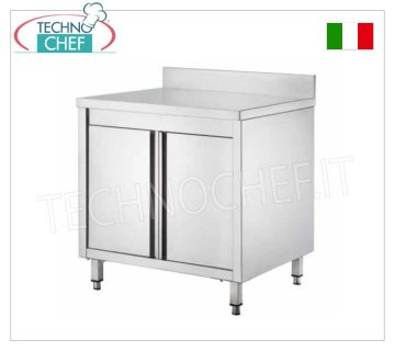 STAINLESS STEEL CABINET TABLE with HINGED DOORS and BACKPACK, with a depth of 60 and 70 cm Stainless steel cabinet table with hinged doors and splashback, dim.mm.600x600x850h
