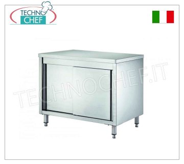 Stainless steel wardrobe table with sliding doors, 60 cm deep, Neutral stainless steel cabinet table with two sliding doors and adjustable intermediate shelf, dim. mm 1000x600x850h