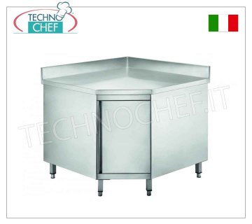 Stainless steel corner cabinet table with hinged door and splashback, Linea 600 Stainless steel corner cabinet table with hinged door and splashback, Linea 600, dim. mm 900x900x600x950h