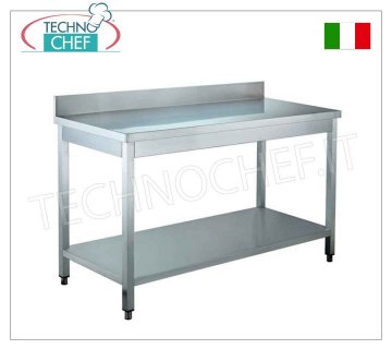 Stainless steel tables, on legs with lower shelf and splashback, depth 70 cm Stainless steel work table on legs with lower shelf and splashback, dim. mm 600x700x850h
