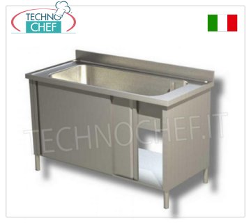 Professional-industrial pot washing pan, cabinet version, Line 700 Sink for pots with SINGLE LARGE BATHTUB measuring 800x500x350h mm, CABINET VERSION with SLIDING DOORS, dim.mm. 1000x700x850h
