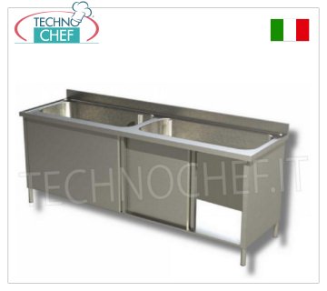 Stainless steel pans for washing pots, cabinet version with 2 tubs, Line 600 Vase for washing pots with 2 TANKS measuring 700x500x350h mm, CABINET VERSION with SLIDING DOORS, dim.mm.1600x600x850h