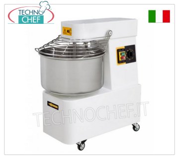 SPIRAL MIXER with 32 liter bowl for 25 kg of dough SPIRAL MIXER, with head and fixed 32 liter bowl, 25 kg mixing capacity, complete with dough splitting rod, timer and wheels, V.230/1, 1.1 kW, weight 86.6 kg, dim. mm.424x735x805h