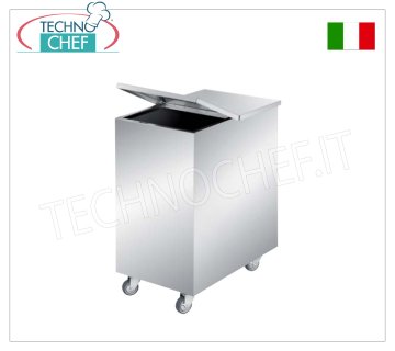 WHEELED STAINLESS STEEL HOPPER, SQUARE CORNERS, with FOLDING LID WHEELED STAINLESS STEEL HOPPER, 100 liter capacity, SQUARE CORNERS, complete with removable FOLDING LID, dimensions 375x560x700h mm