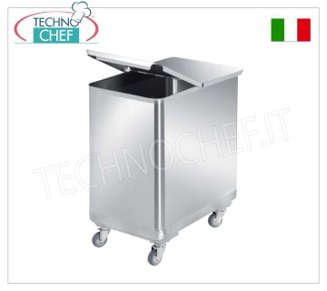 STAINLESS STEEL WHEELED HOPPER with ROUNDED CORNERS and COVER, 100 lt, mod.CPD_1 WHEELED STAINLESS STEEL HOPPER, 100 liter capacity, ROUNDED CORNERS, complete with removable FOLDING LID, dimensions 375x560x700h mm
