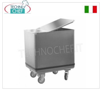 STAINLESS STEEL WHEELED HOPPER with COVER Wheeled stainless steel hopper, complete with mobile lid that opens on 2 sides with zip, capacity 118 lt, weight 16 kg, dim.mm.350x580x700h