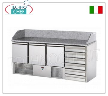Refrigerated pizza counter, GN, 3 doors, 6 drawers, granite top with splashback, ecological REFRIGERATED PIZZA COUNTER GN, 3 DOORS, CHEST OF 6 DRAWERS, GRANITE top, Ventilated temp.+4°/+10°C, ECOLOGICAL, V.230/1, Kw.0.3, weight 227 Kg, dim.mm. 1900x700x1070h