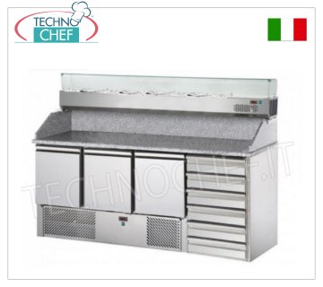 3-door refrigerated pizza counter, granite top, 6 drawers and display case for 1/4 or 1/3 gn ingredients REFRIGERATED PIZZA COUNTER, with 3 DOORS, DRAWER CHEST with 6 drawers, temp.+4°/+10°C, ECOLOGICAL ventilated, GRANITE top and REFRIGERATED SHOWCASE GN 1/4, V.230/1, Kw.0,3, weight 350 Kg, dim.mm.1900x700x1525h