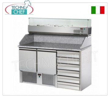 Refrigerated pizza counter, GN, 2 doors 6 drawers, Granite top, 1/4 gn ingredient display, REFRIGERATED PIZZA COUNTER, GN, with 2 DOORS, CHEST OF DRAWERS, GRANITE top, Ventilated temp.+4°/+10°C, ECOLOGICAL, REFRIGERATED DISPLAY CASES GN 1/4, V.230/1, Kw.0,28 , weight 245 Kg, dim.mm.1410x700x1525h