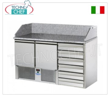 Refrigerated Pizza Counter, GN, 2 Doors, 6 Drawers, Granite Top, Ecological REFRIGERATED PIZZA COUNTER GN, 2 DOORS, CHEST OF DRAWERS with 6 drawers, Ventilated temp.+4°/+10°C, complete with refrigeration unit, granite top with splashback, V.230/1, Kw.0.28, weight 216 Kg, dim.mm.1410x700x1070h