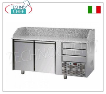 Pizza counter 2 doors, 3 drawers, granite top, GN 1/1, eco-friendly ventilated REFRIGERATED PIZZA COUNTER 2 DOORS and 3 NEUTRAL DRAWERS, GRANITE top, temp.+0°/+10°C, ECOLOGICAL ventilated, Gas R404a/R507, V.230/1, Kw.0,495, Weight 86 Kg, dim.mm .1610x750x1030h