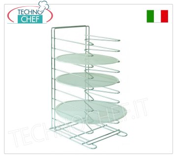 Tabletop pizza / pastry tray racks with 10 grid supports Vertical table pizza tray-net holder with 10 SUPPORTS, 60 mm pitch, for 10 nets up to a diameter of 36 cm and a diameter of 50 cm, dim. mm. 340x400x650h, - Note: price each -- Can be purchased in packs of 4 pieces