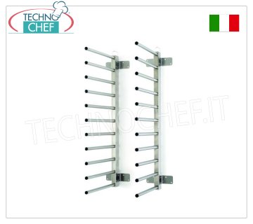 Folding wall-mounted pizza-pastry tray rack with pegs, Stainless steel wall-mounted tray rack, capacity 11 trays even of non-standard dimensions, net pitch between tray and tray: 80 mm, with hinges to rotate it along the wall when unloaded, dim. mm 490x410x830h