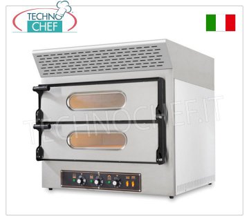 Electric OVEN for 2+2 Pizzas, 2 CHAMBERS measuring 61x52 cm, with ACTIVATED CARBON EXTRACTION HOOD Electric OVEN for 2+2 Pizzas, 2 CHAMBERS measuring 610x520x110h mm with REFRACTORY STONE TOP, KUBE EVO line, with ACTIVATED CARBON SUCTION HOOD, V.230/400, Kw.4.85, Weight 79 Kg, dim.mm. 740x600/740x740h
