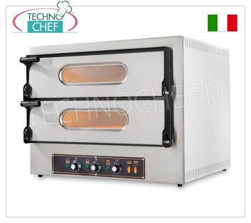 Electric OVEN for 2+2 Pizzas, 2 Chambers measuring 61x51 cm, Compact Line, Mechanical controls ELECTRIC PIZZA OVEN for 2+2 PIZZAS, 2 CHAMBERS measuring 610x520x110h mm with REFRACTORY STONE TOP, V.230/400, Kw.4.8, Weight 66.5 Kg, dim.mm.740x600/740x600h