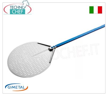 Gi.Metal - Round perforated aluminum pizza peel, Blue Line, handle length 150 cm Round perforated pizza shovel in aluminum alloy, Azzurra Line, light, flexible and resistant, diameter 300 mm, handle length 1500 mm.