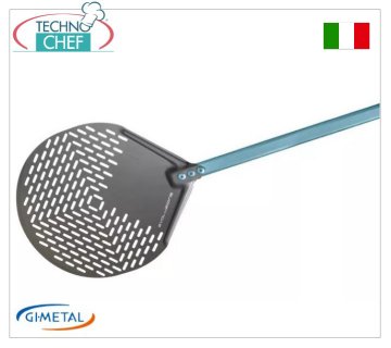 Gi.Metal - SHA round perforated aluminum pizza peel, Evoluzione line, handle length 150 cm SHA round perforated aluminum pizza shovel, Evolution Line, light, smooth and resistant, diameter 330 mm, handle length 1500 mm.