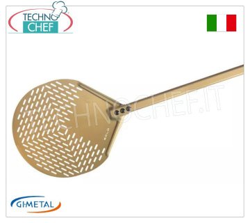 Round perforated aluminum pizza peel, Gold Line, handle length 150 cm Round perforated aluminum pizza peel, Gold Line, light, smooth and resistant, diameter 330 mm.