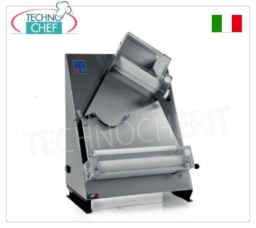 Pizza stretcher with 2 pairs of 300 mm inclined rollers, mod 2300/L30 PIZZA-PIADINA ROLLER in STAINLESS STEEL with 2 PAIRS of ADJUSTABLE INCLINED ROLLERS for MAXIMUM PRECISION of the desired thickness, max. pizza/piadina diameter. 300 mm, for 50/700 gram loaves, V 230/1, kw 0.50, dimensions 420x420x700h mm