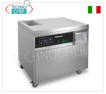 Technochef - AUTOMATIC CUTLERY DRYER, max productivity 10,000 cutlery/hour, Mod.TORNADO AUTOMATIC CUTLERY DRYER on wheeled cabinet, YIELD 10,000 cutlery/hour, CONTINUOUS LOADING from above, AUTOMATIC CUTLERY OUTPUT on the front, V.400/3+N, Kw.1.50, dimensions mm 850x730x810h