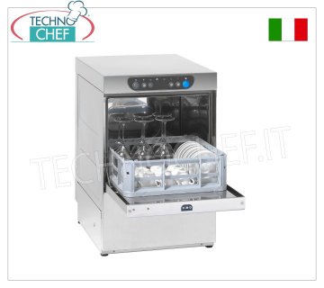 Square basket glasswasher 35x35 cm or round Ø 35, Max usable height 25 cm, Mechanical controls, 1 cycle, V. 220/1 GLASSWASHERS-CUP WASHERS Bar with 350x350 mm SQUARE rack, ELECTROMECHANICAL controls, 1 cycle of 120 sec, 30 racks/hour, max height of glasses 250 mm, RINSE AID dispenser, V.230/1, Kw. 2.89, weight 30 kg, dim.mm.440x497x630h.