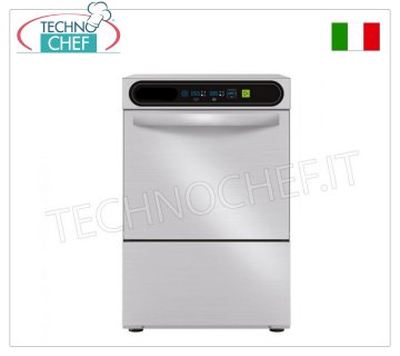 TECHNOCHEF - Professional dishwasher, 50x50 cm square basket, electronic controls STAINLESS STEEL DISHWASHER, SQUARE basket 500x500 mm, front loading, DIGITAL controls, 4 cycles of 90/120/150/180 sec, max height of glasses 32 cm - plates 35 cm, with rinse aid and tank detergent dispenser, V. 230/1, Kw 3.12, weight 69 kg, dim.mm.585x610x815h