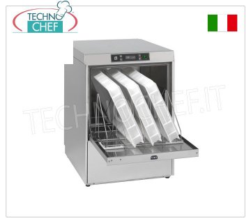 Professional dishwasher, 500X600 mm basket, electronic controls, three-phase DISHWASHER-WASHING MACHINE with 500x600 mm basket, ELECTRONIC controls, capacity of 4 GN 1/1 or mm trays. 600x400, 3 cycles of 90/120/180, double rinse aid dispenser+Tub Detergent, V.400/3+N, Kw.5,18, Weight 68 Kg, dim.mm.600x703x850h
