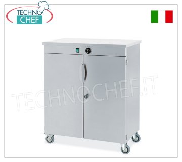 HOT cabinets for PLATES Plate warming cabinet on wheels made of 18/10 stainless steel, structure with double-walled insulated doors, 2 grilled shelves, adjustable temperature from +30° to +90°, V 230/1, KW 0.8, capacity 100 dishes, dim.mm 770x445x800h