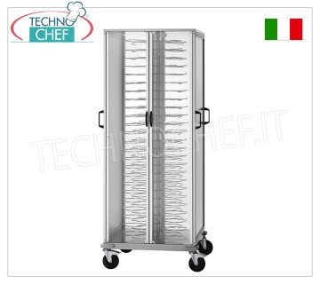 Plate trolleys ready CABINET DISH-HOLDER TROLLEY, load-bearing structure in PLASTIC STEEL with ALUMINUM FRAME and 4 opening DOORS in PLEXIGLASS, capacity 96 plates, with PAINTED GRIDS for 18/23 plates, with HANDLES and WHEELS, dimensions 750x780x1830h mm
