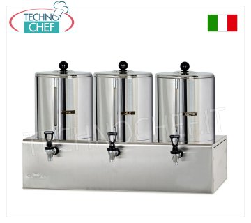 Hot water producers for drinks 5+5+5 l bain-marie containers - 75 200 cc cups. Consisting of 3 cont. completely independent 5 l bain-marie, V 230/1, Kw 2.7, mm 700x390x513 h, weight 17 Kg.