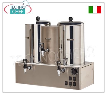 Hot breakfast drinks dispensers Beverage production and distribution groups, 5 l - 50 cups of 100 cc of coffee. 1 l every 2 min. of hot water on a continuous cycle. 5 l of milk - 25 cups of 200 cc, V 400/3, Kw 6.2, mm 740x460x540 h, weight 25 Kg.