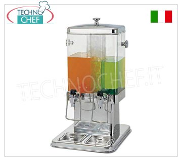 Juice and drink dispensers (buffet) DOUBLE DRINK DISPENSER in stainless steel with transparent container of 5+5 litres, with relative independent dispensing taps, REFRIGERATED with CENTRAL PIPE containing ICE, dim.mm.350x320x580h