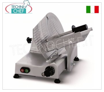 TECHNOCHEF - GRAVITY-INCLINED SLICER, blade Ø 220 mm, CE DOMESTIC EXECUTION, Gravity/inclined slicer, blade diameter 220 mm, in aluminum alloy, with detached blade sharpener, CE DOMESTIC EXECUTION, V 230/1, Kw.0,140, ​​Weight 13.5 Kg, dim.mm.405x415x340h