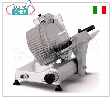 TECHNOCHEF - GRAVITY-INCLINED SLICER, blade Ø 300 mm, Professional, Gravity/inclined slicer, blade diameter 300 mm, made of aluminum alloy on REDUCED FRAME, complete with fixed blade sharpener, V 230/1, Kw 0.245, Weight 23 Kg, dim.mm.495x465x440h.