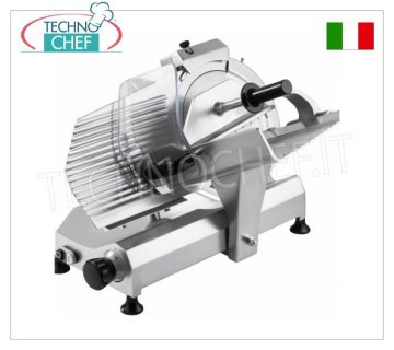 TECHNOCHEF - GRAVITY/INCLINED SLICER, blade Ø 300, Professional, Gravity/inclined slicer, blade diameter 300 mm, in aluminum alloy, trolley with LONG STROKE, complete with fixed blade sharpener, V 230/1, Kw 0.245, Weight 27.5 Kg, dim.mm.560x570x500h