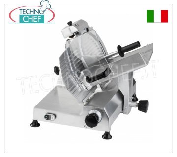 TECHNOCHEF - GRAVITY/INCLINED SLICER, blade Ø 330 mm, Professional, Gravity/inclined slicer, blade diameter 330 mm, in aluminum alloy, complete with fixed blade sharpener, V 230/1, Kw 0.300, Weight 32 Kg, dim.mm.550x530x465h