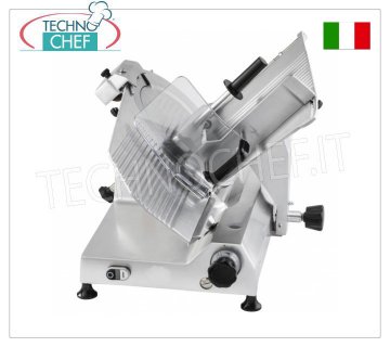 TECHNOCHEF - GRAVITY/INCLINED SLICER, blade Ø 370 mm, Professional, Gravity/inclined slicer, blade diameter 370 mm, in aluminum alloy, complete with fixed blade sharpener, V 230/1, Kw 0.300, Weight 37 Kg, dim.mm.585x580x480h