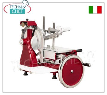 TECHNOCHEF - MANUAL FLYWHEEL SLICER, blade Ø 300 mm, Professional Manual vertical FLYWHEEL slicer for cured meats, blade diameter 300 mm, standard colours: RED, BLACK and CREAM or customizable on request, dim.mm.600x720x740h.