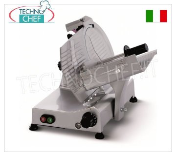 TECHNOCHEF - GRAVITY SLICER, blade Ø 250 mm, CE DOMESTIC EXECUTION, Mod.F 250 ED Gravity/inclined slicer, blade diameter 250 mm, complete with fixed blade sharpener, CE DOMESTIC EXECUTION, V.230/1, Kw 0.185, Weight 15.5 Kg, dim.mm.425x440x370h