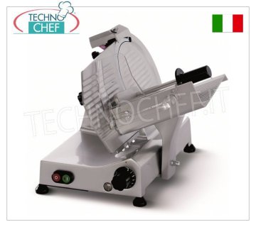 TECHNOCHEF - GRAVITY SLICER, blade Ø 275 mm, CE DOMESTIC EXECUTION Gravity/inclined slicer, blade diameter 275 mm, in aluminum alloy, on REDUCED FRAME, complete with fixed blade sharpener, CE DOMESTIC EXECUTION, V 230/1, Kw 0.185, Weight 16.5 Kg, dim.mm. 440x440x390h