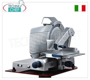 TECHNOCHEF - Vertical slicer for cured meats, gear transmission, blade Ø 370 mm, Professional Vertical slicers with aluminum alloy cured meat plate with gear transmission, articulated arm, blade diameter 370 mm, weight 48 Kg, dim.mm 805x710x700h - available in single-phase or three-phase version