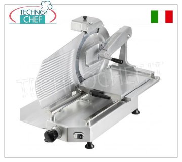 TECHNOCHEF - VERTICAL SLICER for cured meats, blade Ø 300 mm, Professional, Vertical slicer with salami press arm, blade diameter 300 mm, in aluminum alloy, complete with fixed blade sharpener, V 230/1, Kw 0.300, Weight 36 Kg, dim.mm.550x530x610h