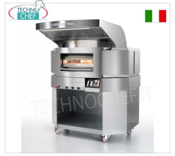 CUPPONE - GIOTTO electric pizza oven, rotating hob Ø 1100 mm, Mod. GT110/1TS GIOTTO electric pizza oven with refractory ROTATING HOB Diameter 1100 mm and sheet metal chamber, integrated PYROLYSIS, ECONOMY and FAST RECOVERY functions, V 400/3+N, Kw 14.6, Weight 460 Kg, external dimensions mm 1366x1438x1696h