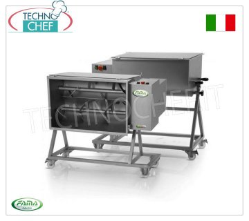 FAMA - Stainless steel meat mixer with trolley, 2 blades, bowl capacity 120 Kg, V.230/1, mod.FIC120B/M Stainless steel meat mixer with trolley, capacity 120 Kg, tilting bowl, 2 stainless steel blades, V.230/1, Kw.1.8, Weight 125 Kg, dim.mm.1100x630x1080h