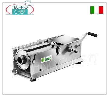 Fimar - Manual sausage filler, horizontal, 7 and 14 litres, 2 speeds Insaccatrice Manual per Salumi inox da tavolo, manual with horizontal cylinder, capacity 7 liters, in dotazione 4 infused in ABS diameter 15-23-29-38 mm, dim. mm 1200x400x400h