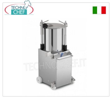 Technochef - 22, 32 and 45 liter VERTICAL hydraulic cured meat stuffers 22 liter VERTICAL hydraulic cured meat stuffer, supplied with 3 funnels diameter 14-20-30 mm, V.400/3, Kw.0.52, Weight 119 Kg, dim.mm.518x568x1188h