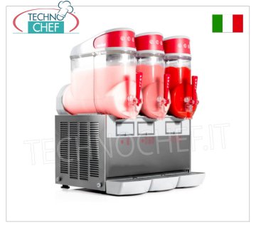 Slush maker, sorbet maker and cold creams with 3 10 liter tanks, Mod.MT3 Tabletop sorbet/slush maker with 3 10-litre tanks in unbreakable non-toxic polycarbonate, stainless steel body, air-cooled condenser, V.230/1, Kw.1.3, weight 49 Kg, dim.mm.540x470x690h